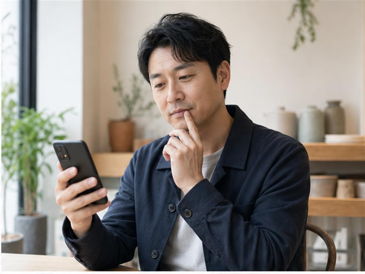 휴대폰을 보며 업체 정보를 고민하는 고객