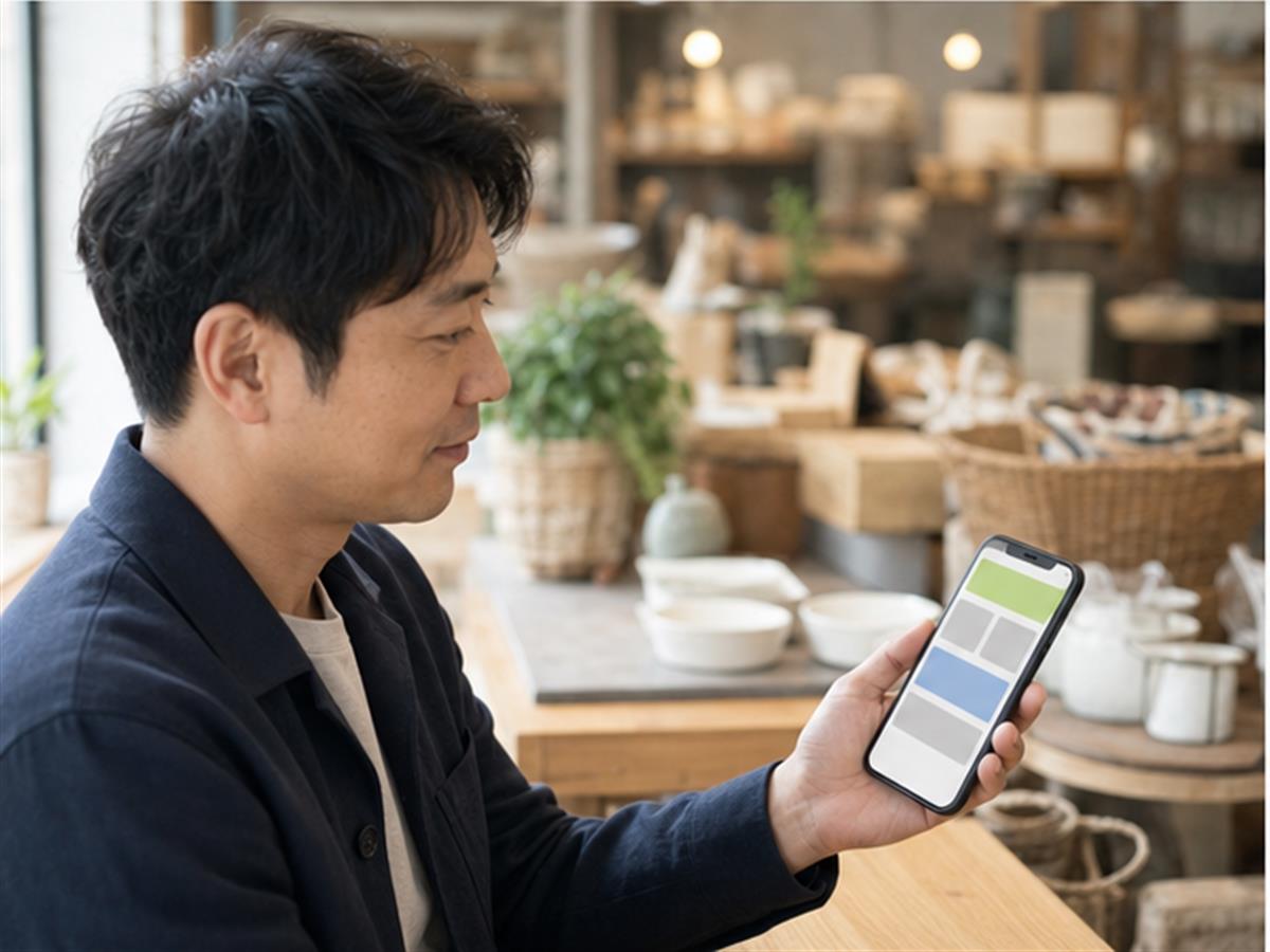 휴대폰에서 모바일 랜딩페이지를 확인하는 고객